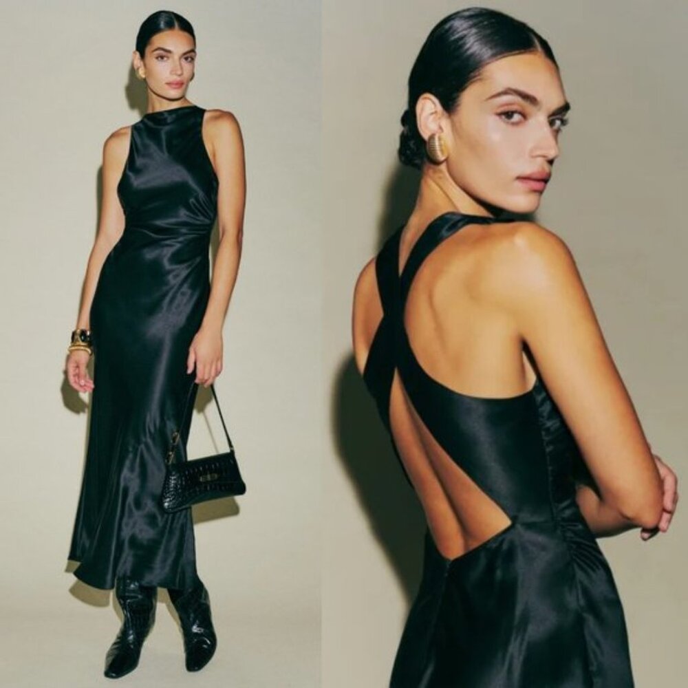 NWT Reformation Casette Midi Silk Dress Sz 8 Black Cowl Neck Open Back Cut-out